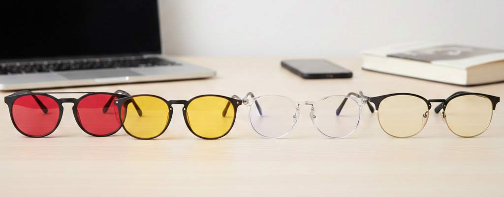 Different coloured blue light glasses with red, yellow, and clear lenses